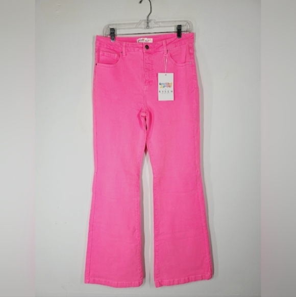 Neon Pink High Rise Flare Jeans By Risen x Freckled Poppy NWT Sz 11/30 Barbie - Picture 2 of 5